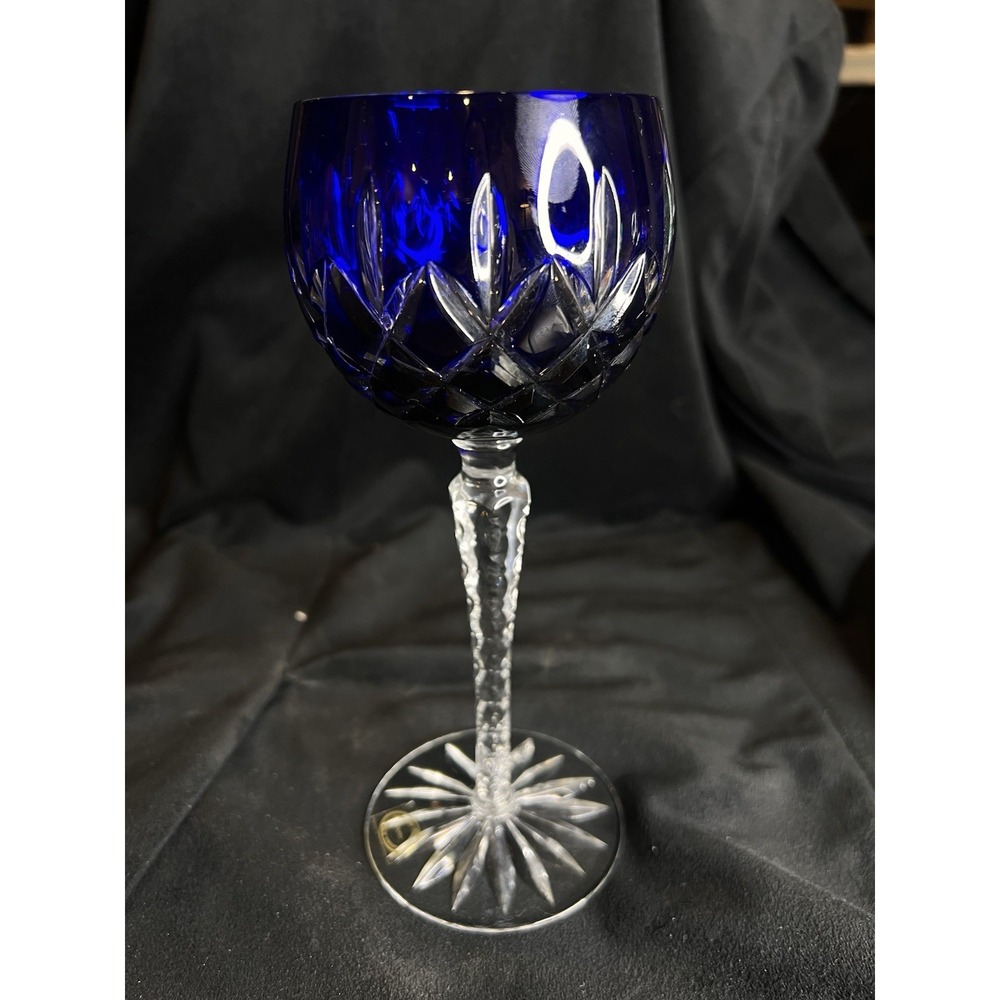AJKA ARABELLA HOCK WINE Glass‎ CUT TO CLEAR COBALT BLUE CRISS CROSS VERTICAL CUT